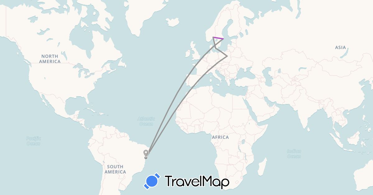 TravelMap itinerary: driving, plane, train in Brazil, Denmark, Norway, Poland, Sweden (Europe, South America)
